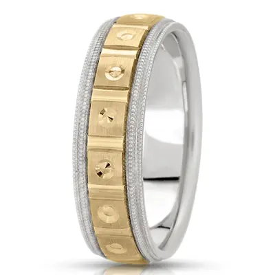 10K white-yellow-white gold 7mm. satin fancy-carved-diamond-cut-wedding-band - alternate view 4 thumbnail