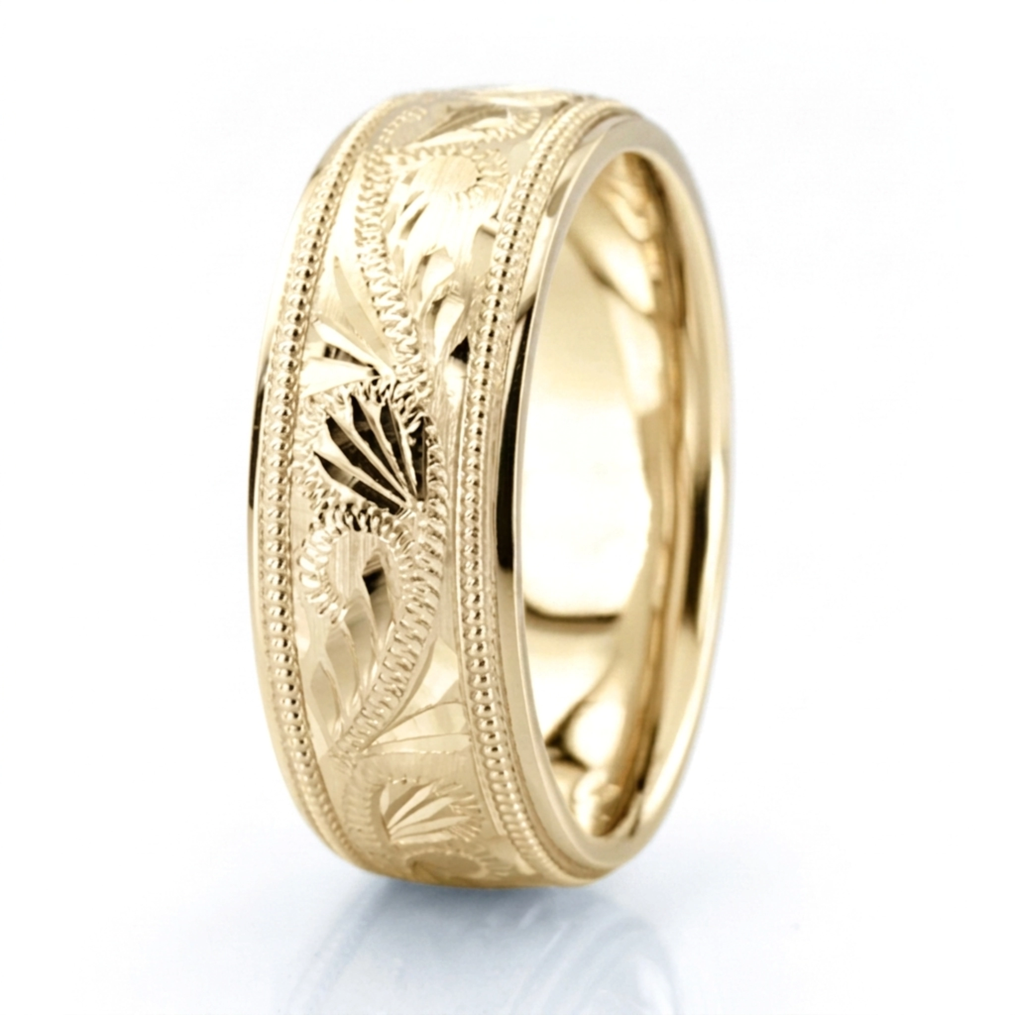 10K yellow gold 7mm. high polish fancy-carved-hand-engraved-wedding-band - alternate view 4