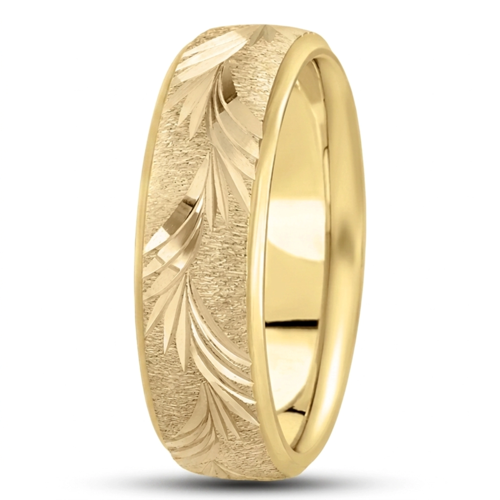 10K yellow gold 7mm. cross satin fancy-carved-diamond-cut-wedding-band - alternate view 3