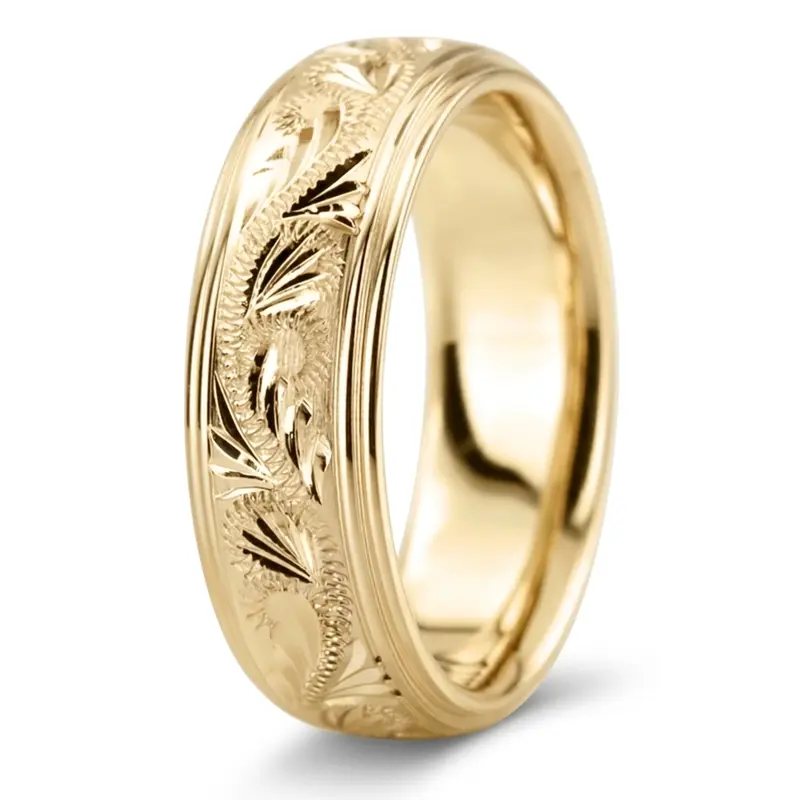 14K yellow gold 6mm. satin fancy-carved-diamond-cut-wedding-band - alternate view 5