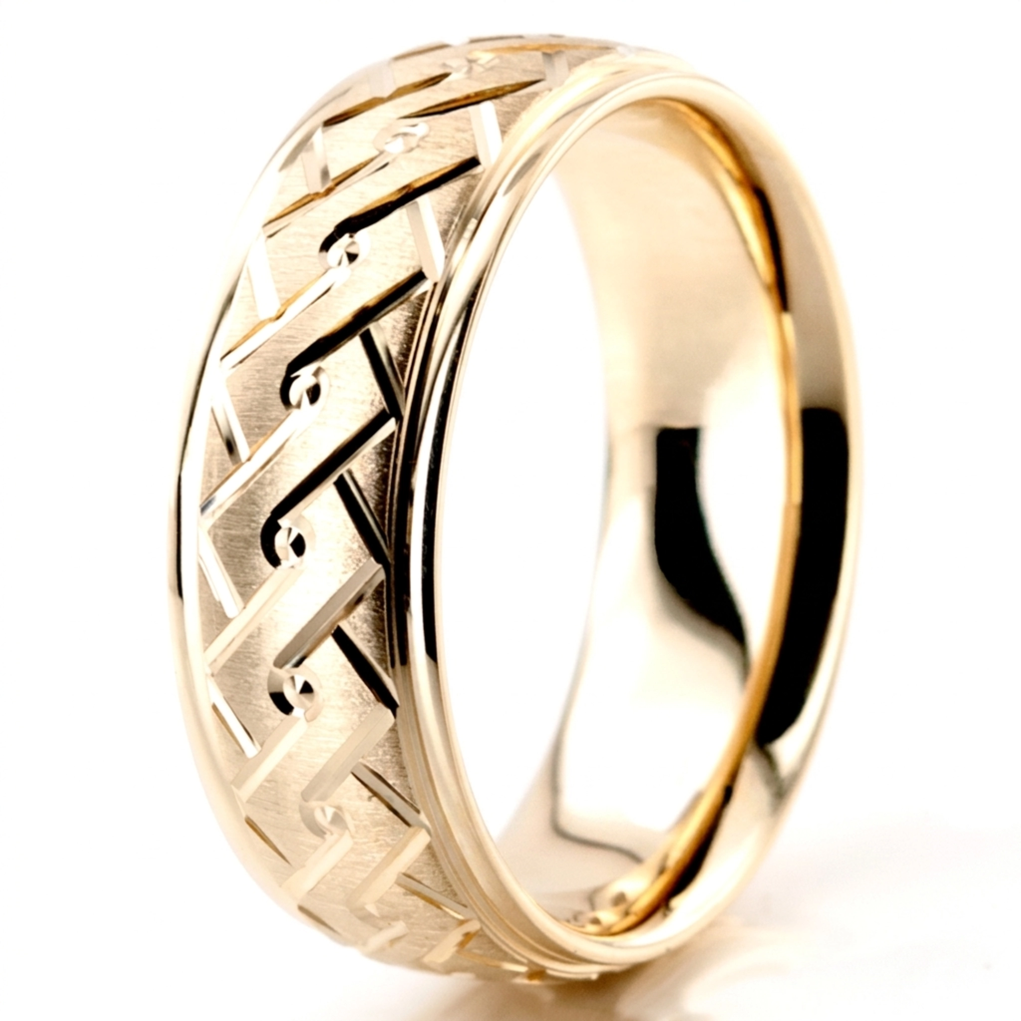 10K yellow gold 7mm. cross satin fancy-carved-diamond-cut-wedding-band - alternate view 6