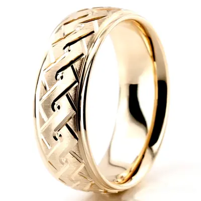 10K yellow gold 7mm. cross satin fancy-carved-diamond-cut-wedding-band - alternate view 6 thumbnail