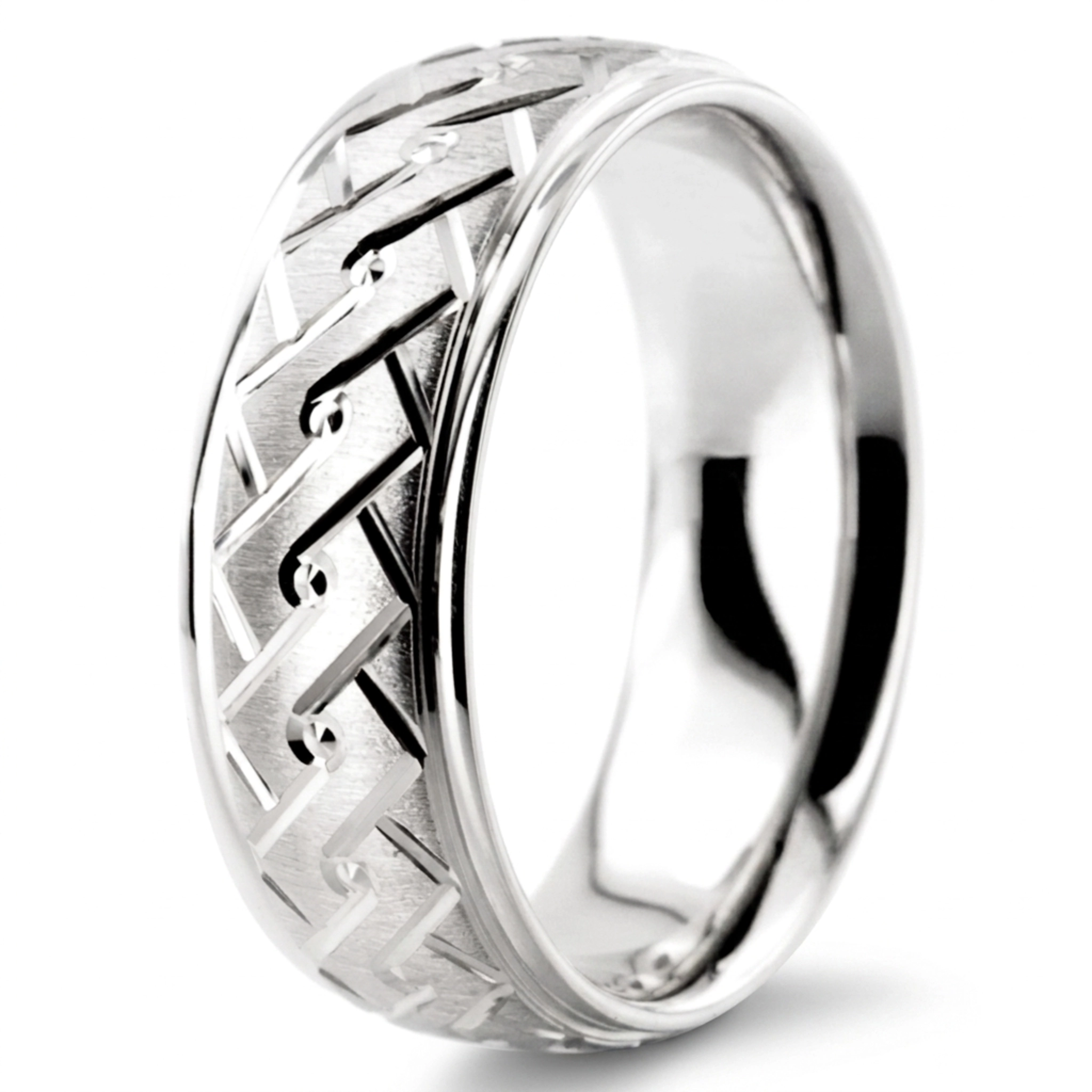 10K white gold 7mm. cross satin fancy-carved-diamond-cut-wedding-band - alternate view 7