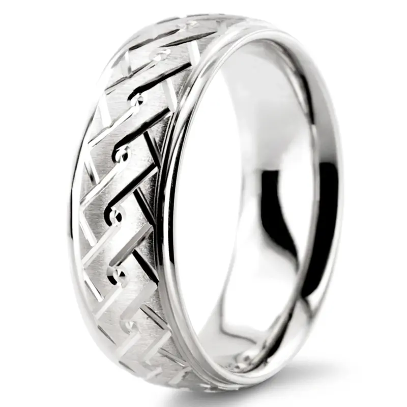 10K white gold 7mm. cross satin fancy-carved-diamond-cut-wedding-band - alternate view 7