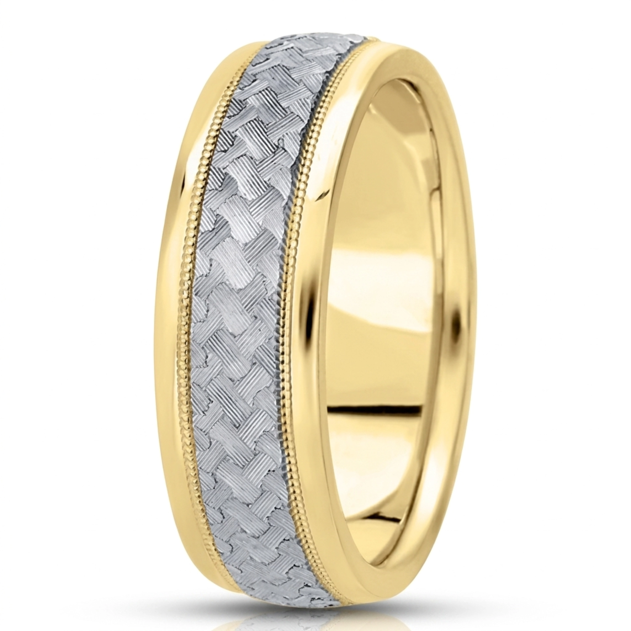 10K yellow-white-yellow gold 7mm. diamond cut fancy-carved-diamond-cut-wedding-ring - alternate view 7