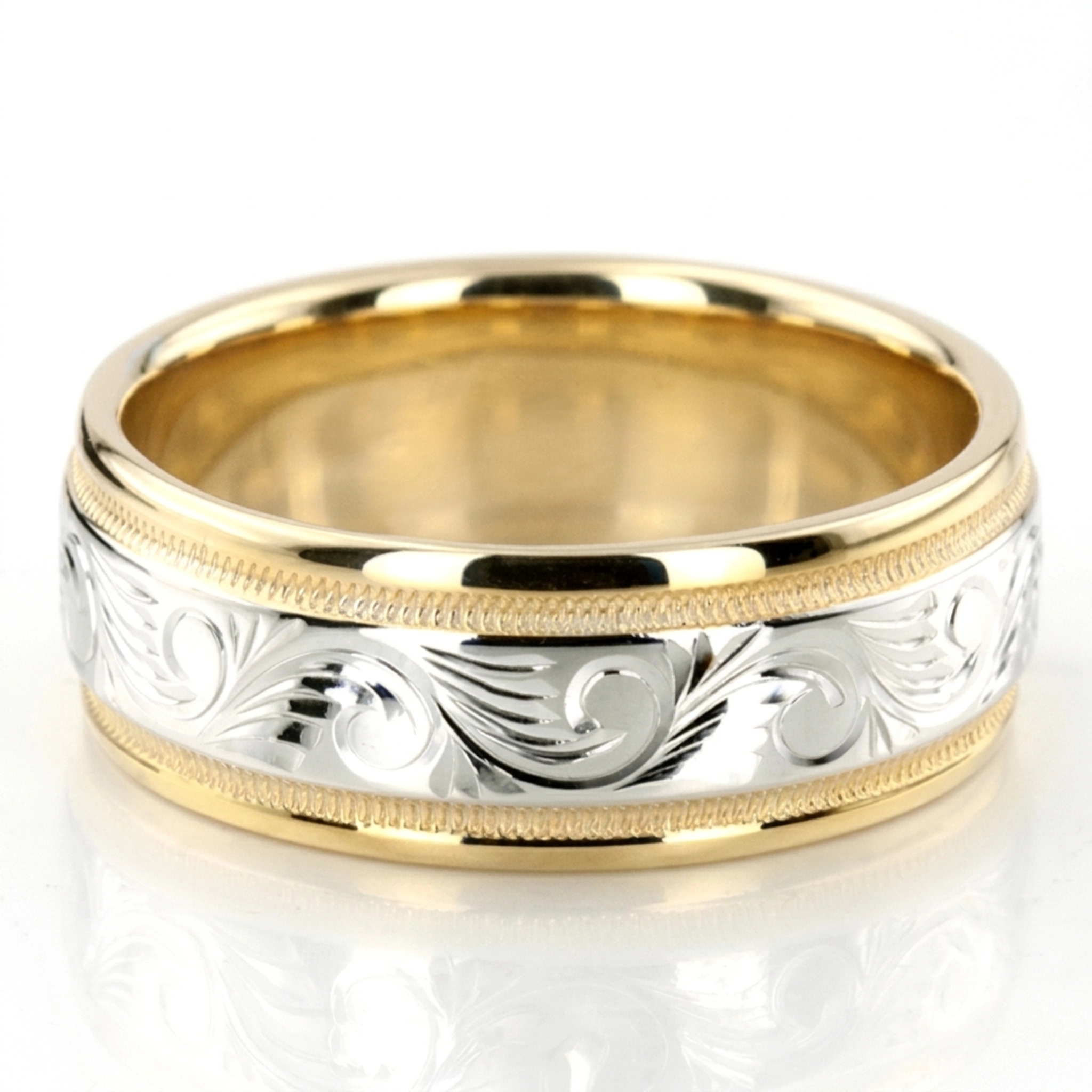 10K yellow-white-yellow gold 8mm. high polish hand-engraved-fancy-carved-wedding-band - main view