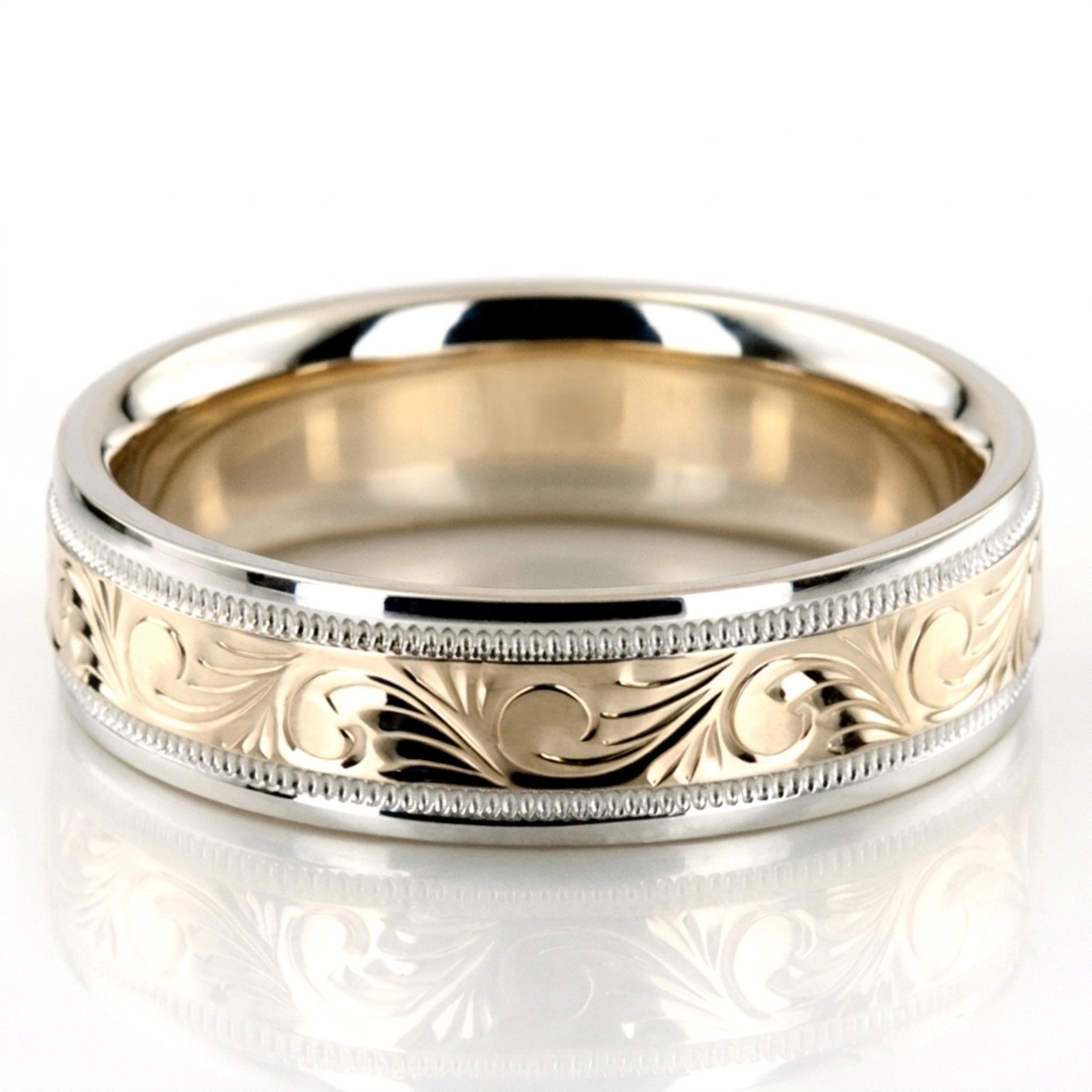 10K white-yellow-white gold 6mm. high polish hand-engraved-fancy-carved-wedding-band - alternate view 3