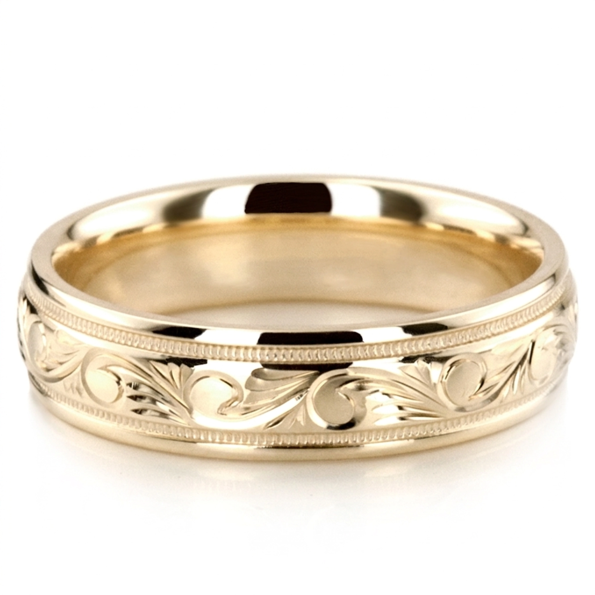 10K yellow gold 5mm. high polish hand-engraved-fancy-carved-wedding-band - alternate view 4
