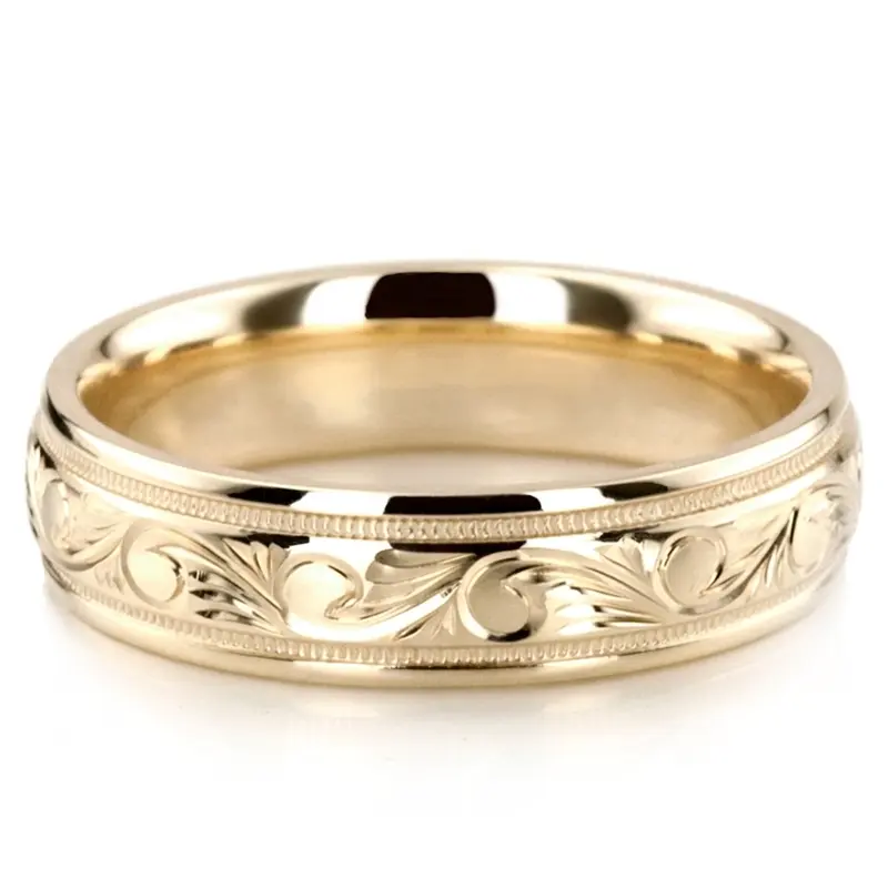 18K yellow gold 5mm. high polish hand-engraved-fancy-carved-wedding-band - alternate view 4