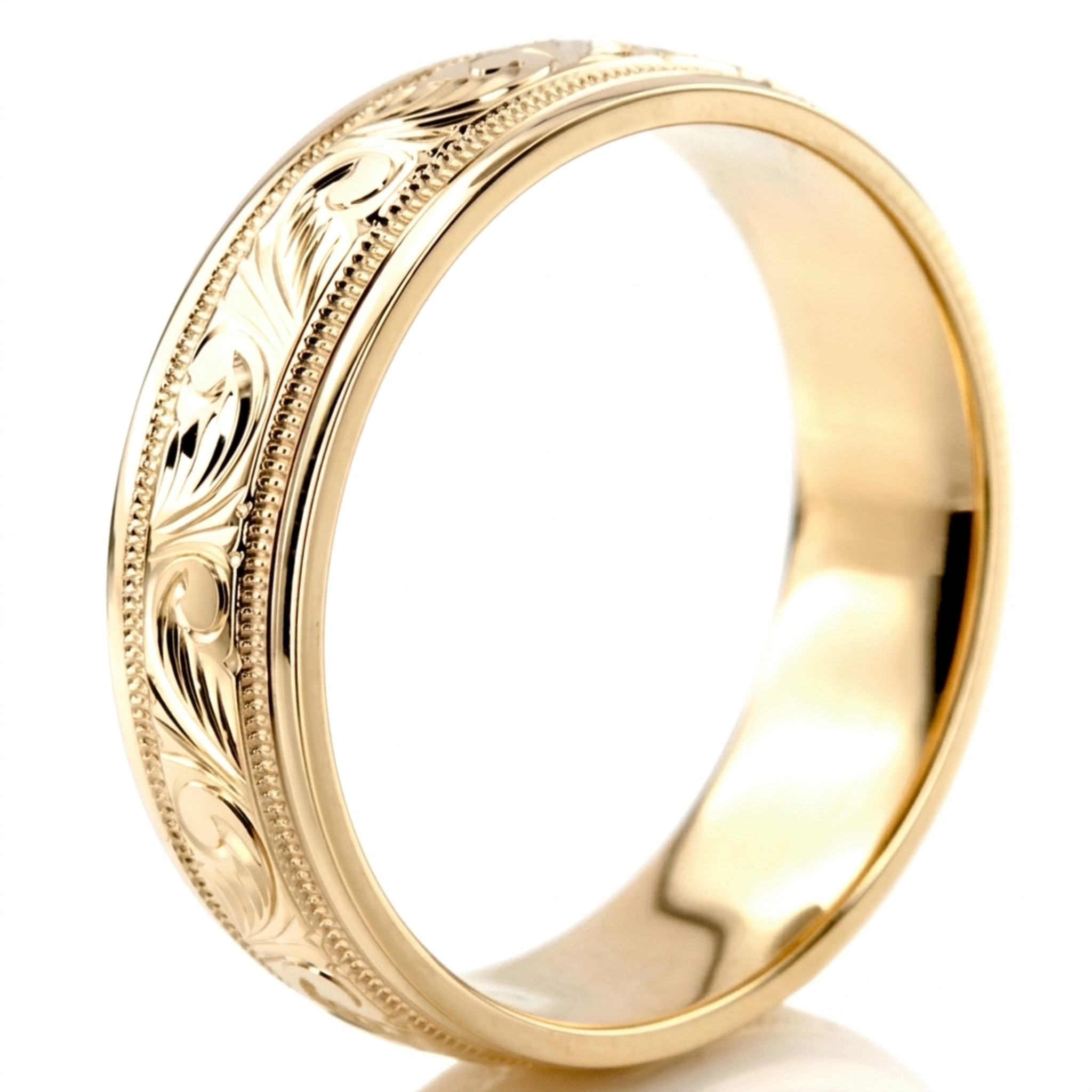 10K yellow gold 7mm. high polish hand-engraved-fancy-carved-wedding-band - alternate view 10