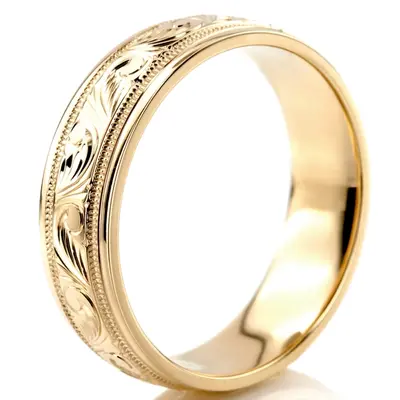 10K yellow gold 7mm. high polish hand-engraved-fancy-carved-wedding-band - alternate view 10 thumbnail
