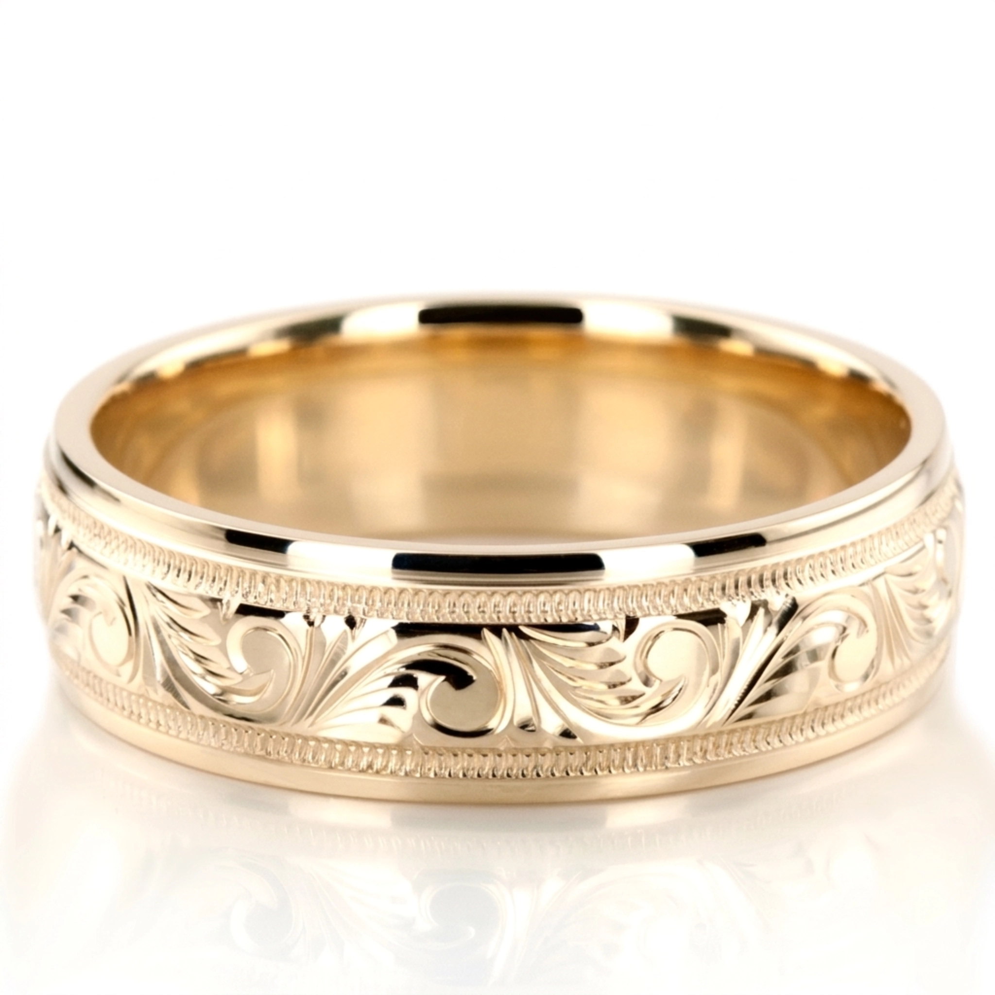 10K yellow gold 7mm. high polish hand-engraved-fancy-carved-wedding-band - alternate view 9