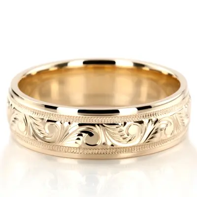 10K yellow gold 7mm. high polish hand-engraved-fancy-carved-wedding-band - alternate view 9 thumbnail