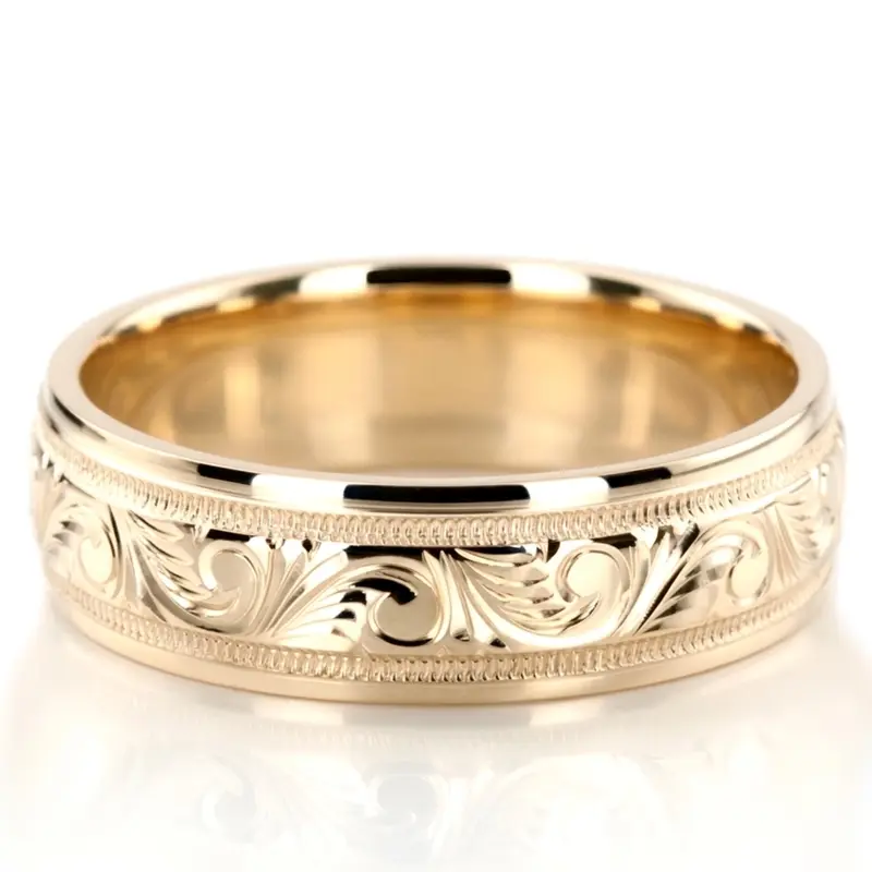 18K yellow gold 7mm. high polish hand-engraved-fancy-carved-wedding-band - alternate view 9
