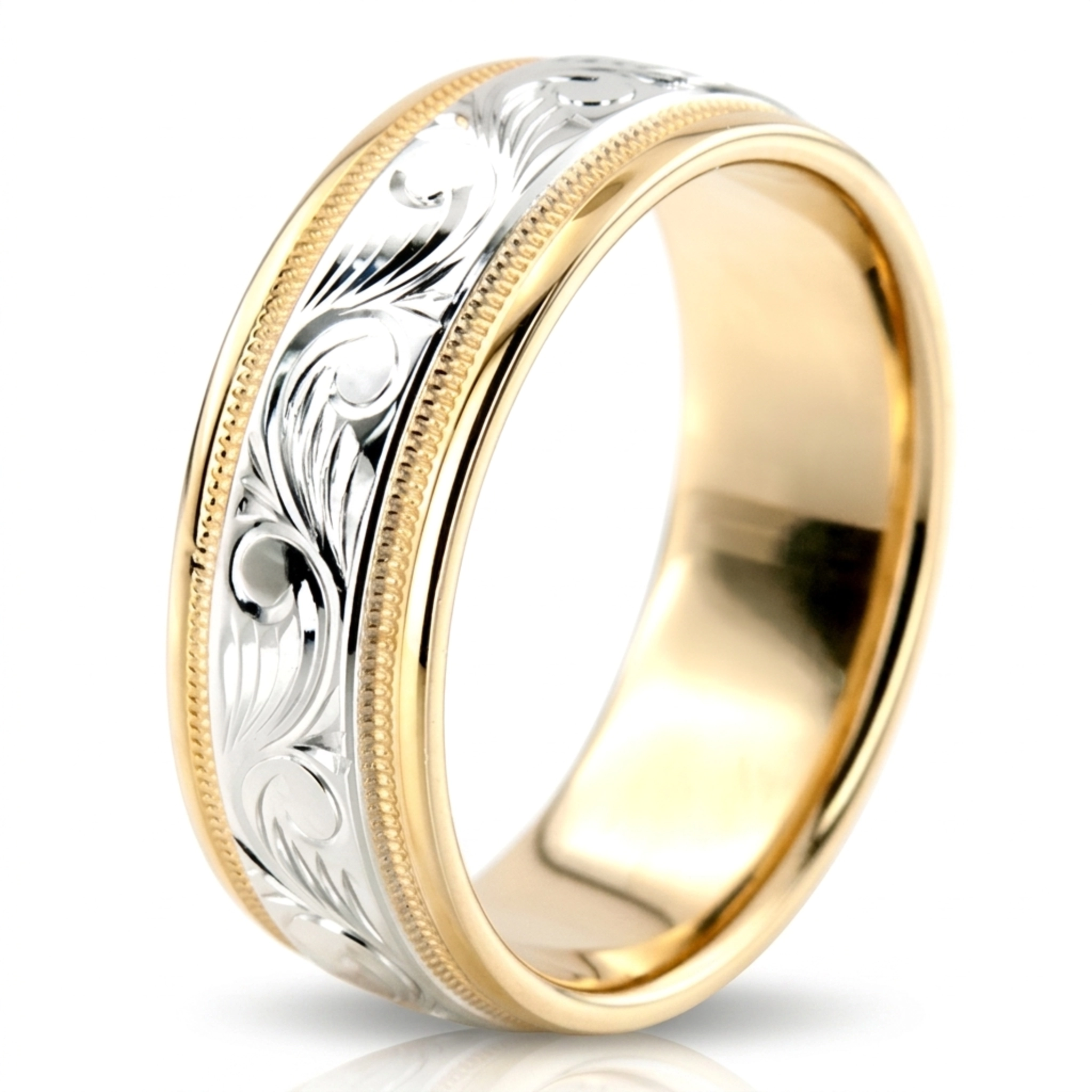 10K yellow-white-yellow gold 8mm. high polish hand-engraved-fancy-carved-wedding-band - alternate view 6