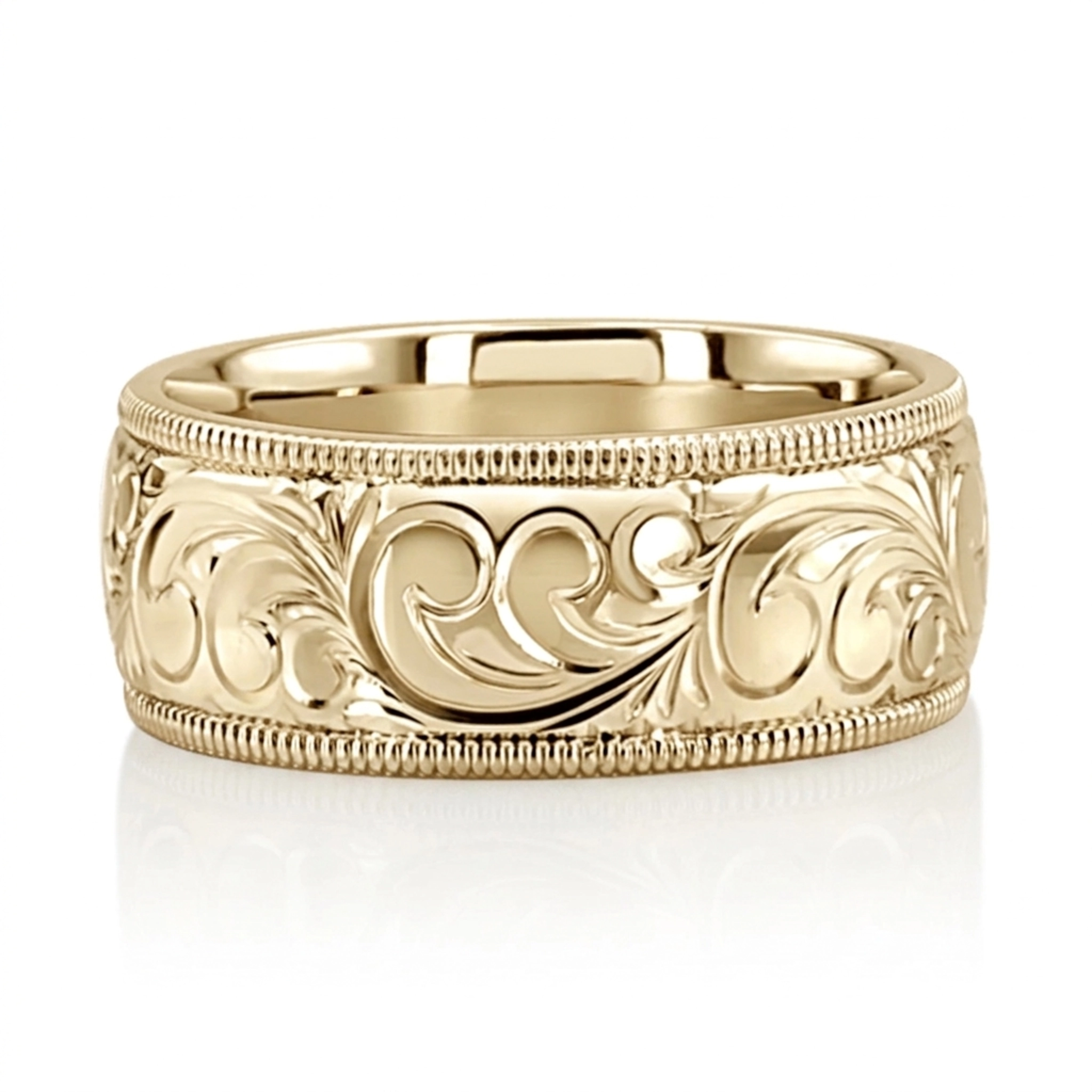 10K yellow gold 8mm. shiny finish fancy-carved-hand-engraved-wedding-band - alternate view 7