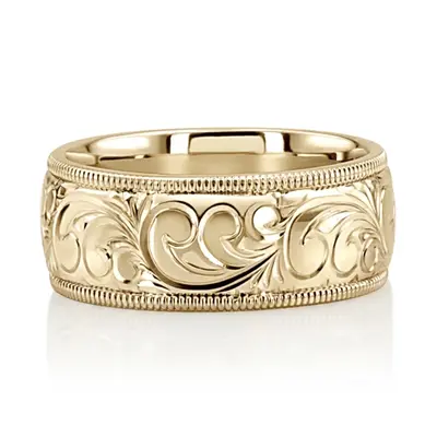 10K yellow gold 8mm. shiny finish fancy-carved-hand-engraved-wedding-band - alternate view 7 thumbnail