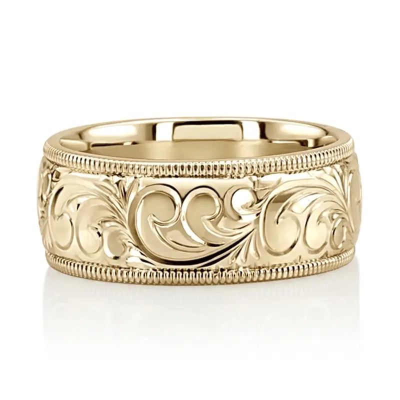 10K yellow gold 8mm. shiny finish fancy-carved-hand-engraved-wedding-band - alternate view 7
