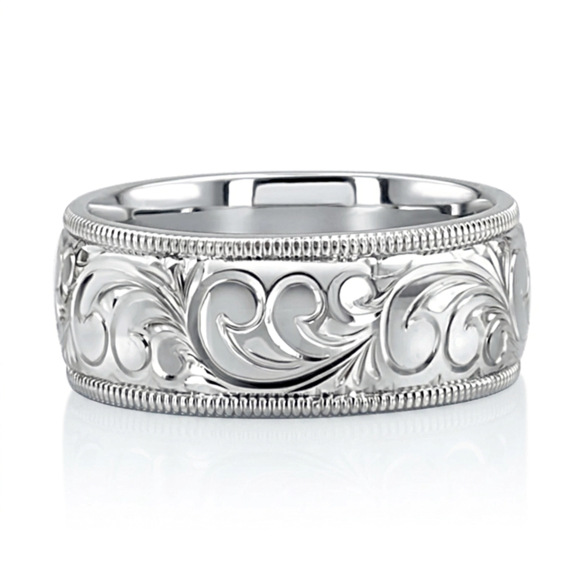 10K white gold 8mm. shiny finish fancy-carved-hand-engraved-wedding-band - alternate view 8