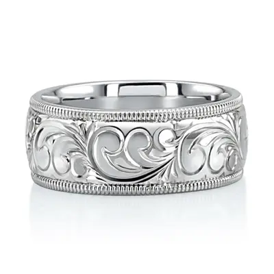 10K white gold 8mm. shiny finish fancy-carved-hand-engraved-wedding-band - alternate view 8 thumbnail
