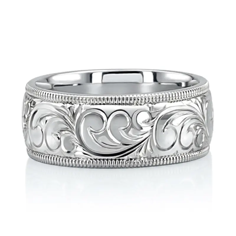10K white gold 8mm. shiny finish fancy-carved-hand-engraved-wedding-band - alternate view 8