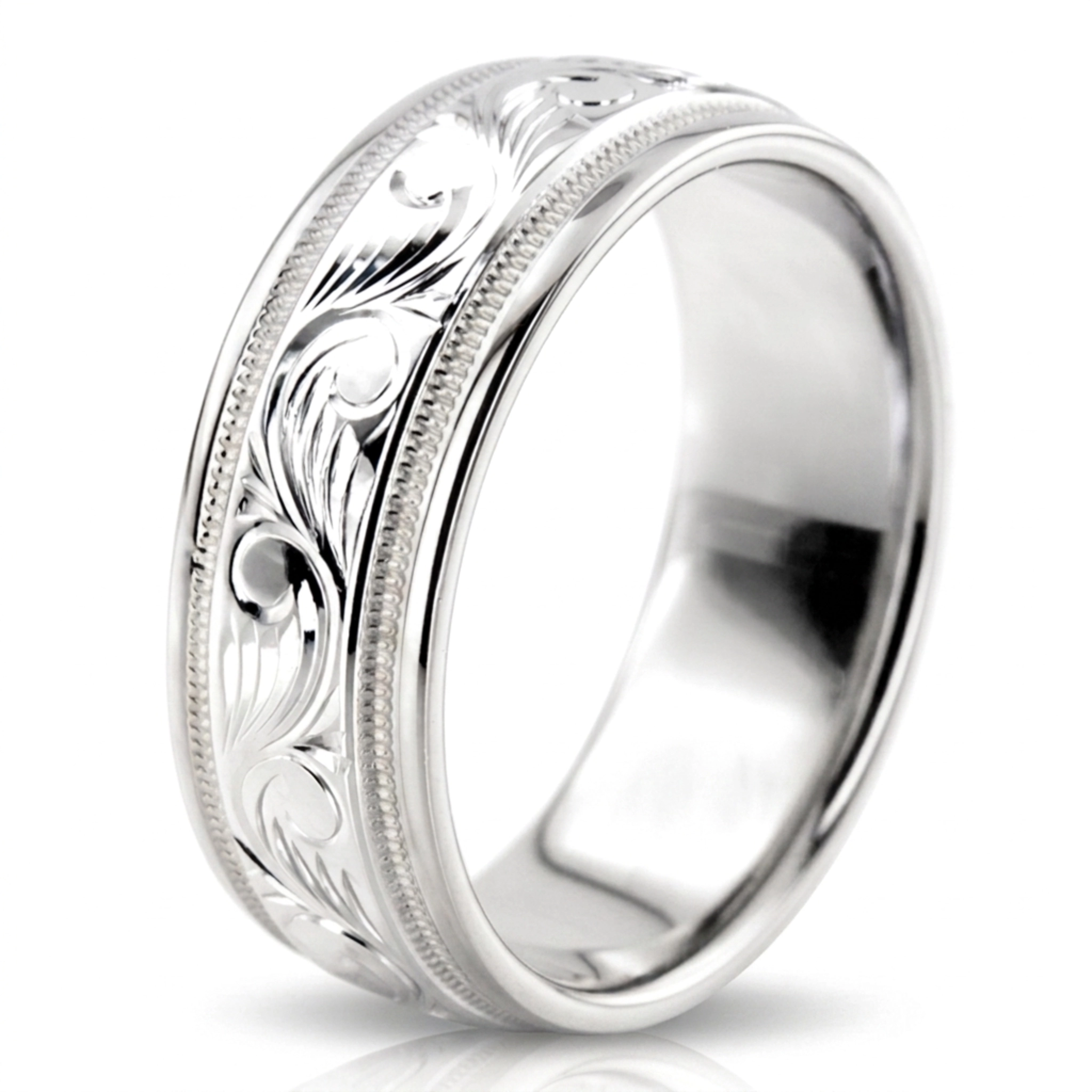 10K white gold 8mm. high polish hand-engraved-fancy-carved-wedding-band - alternate view 7