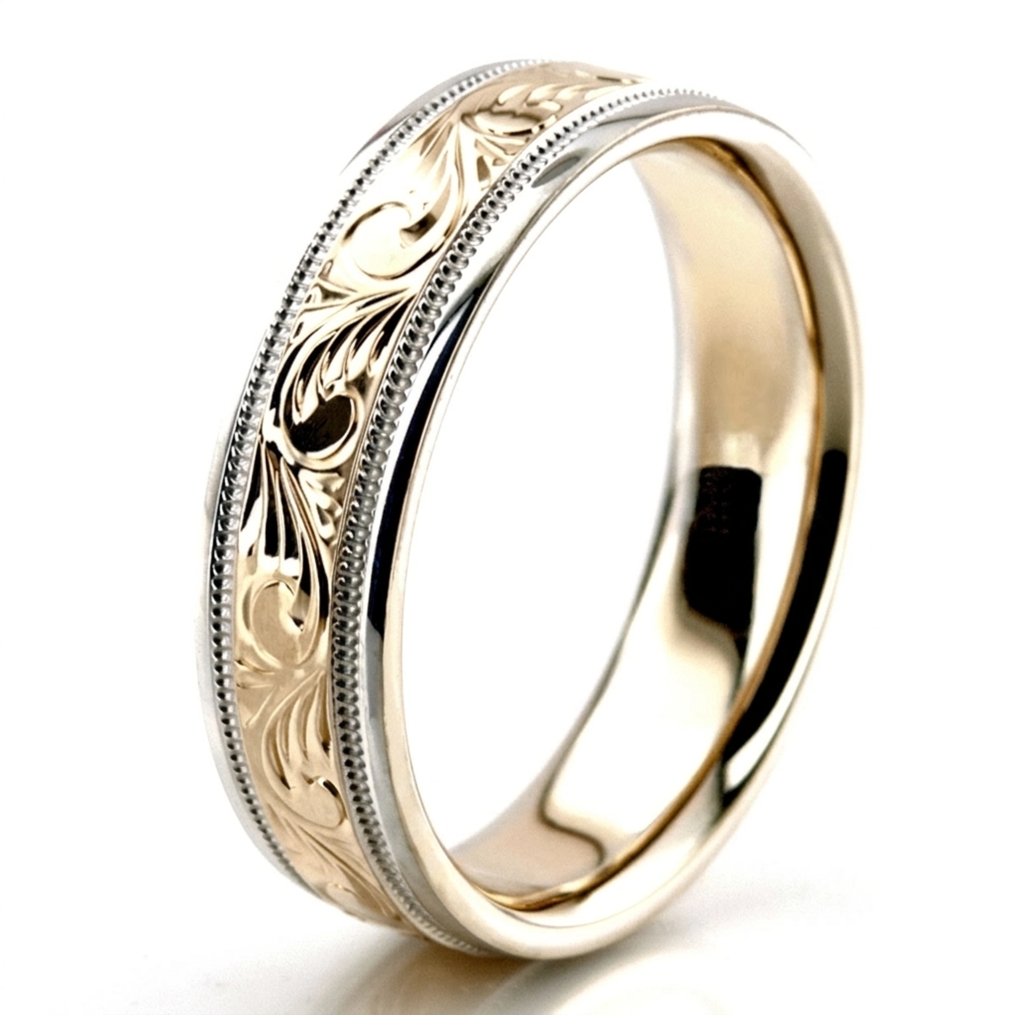 10K white-yellow-white gold 6mm. high polish hand-engraved-fancy-carved-wedding-band - alternate view 8