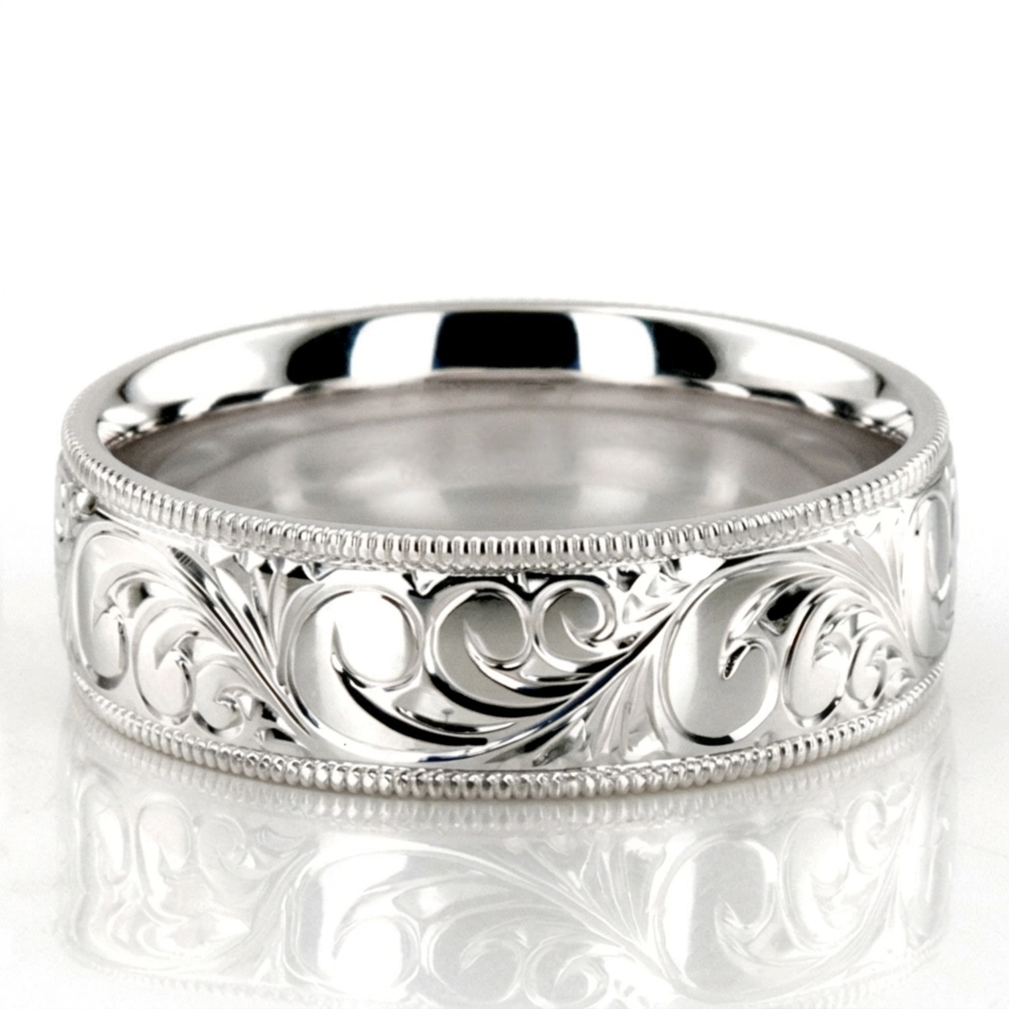 10K white gold 7mm. high polish fancy-carved-hand-engraved-wedding-band - main view