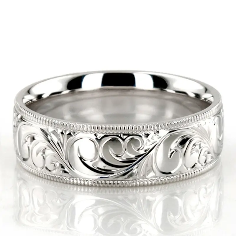 10K white gold 7mm. high polish fancy-carved-hand-engraved-wedding-band - main view