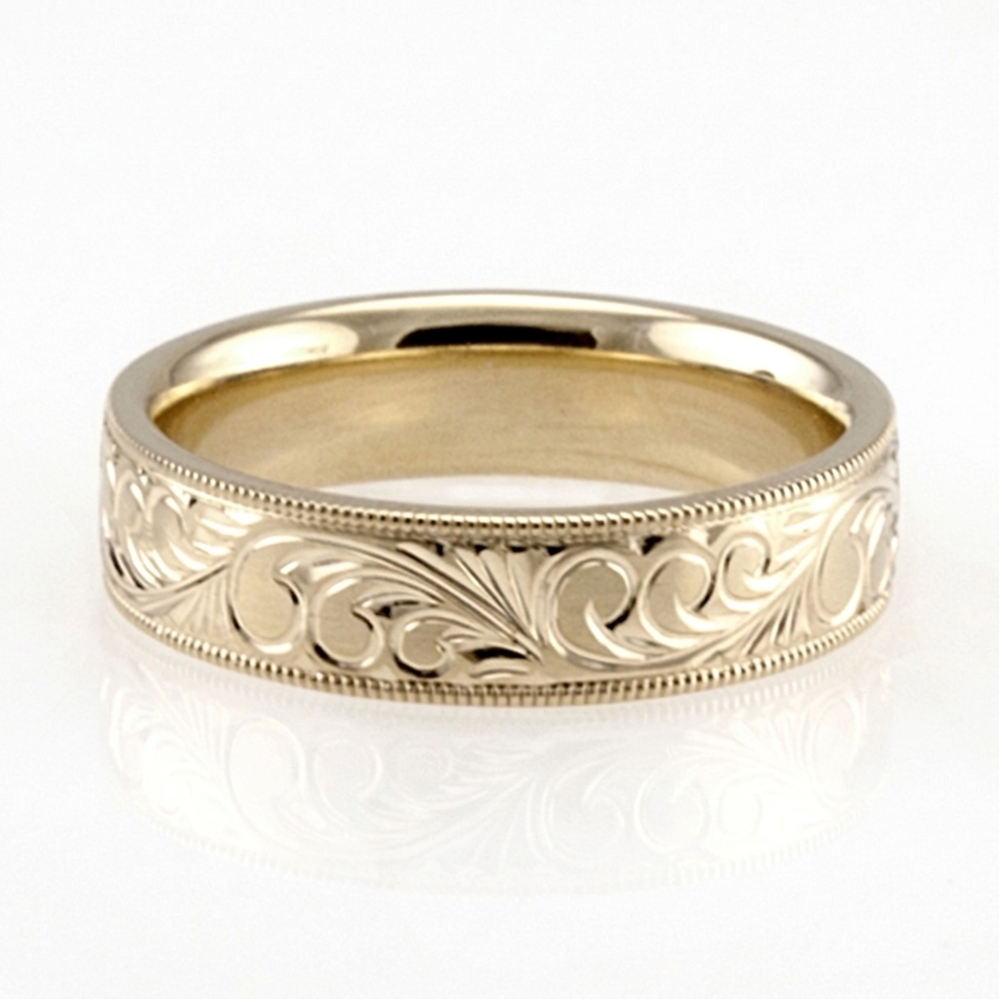 10K yellow gold 5mm. satin fancy-carved-hand-engraved-wedding-band - alternate view 4