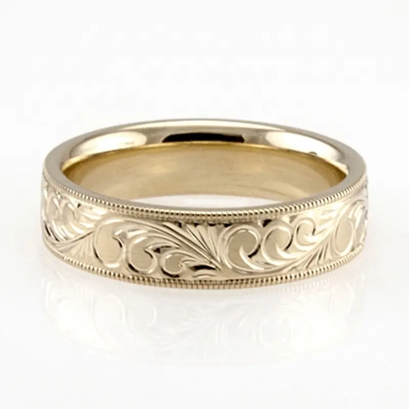 10K yellow gold 5mm. satin fancy-carved-hand-engraved-wedding-band - alternate view 4