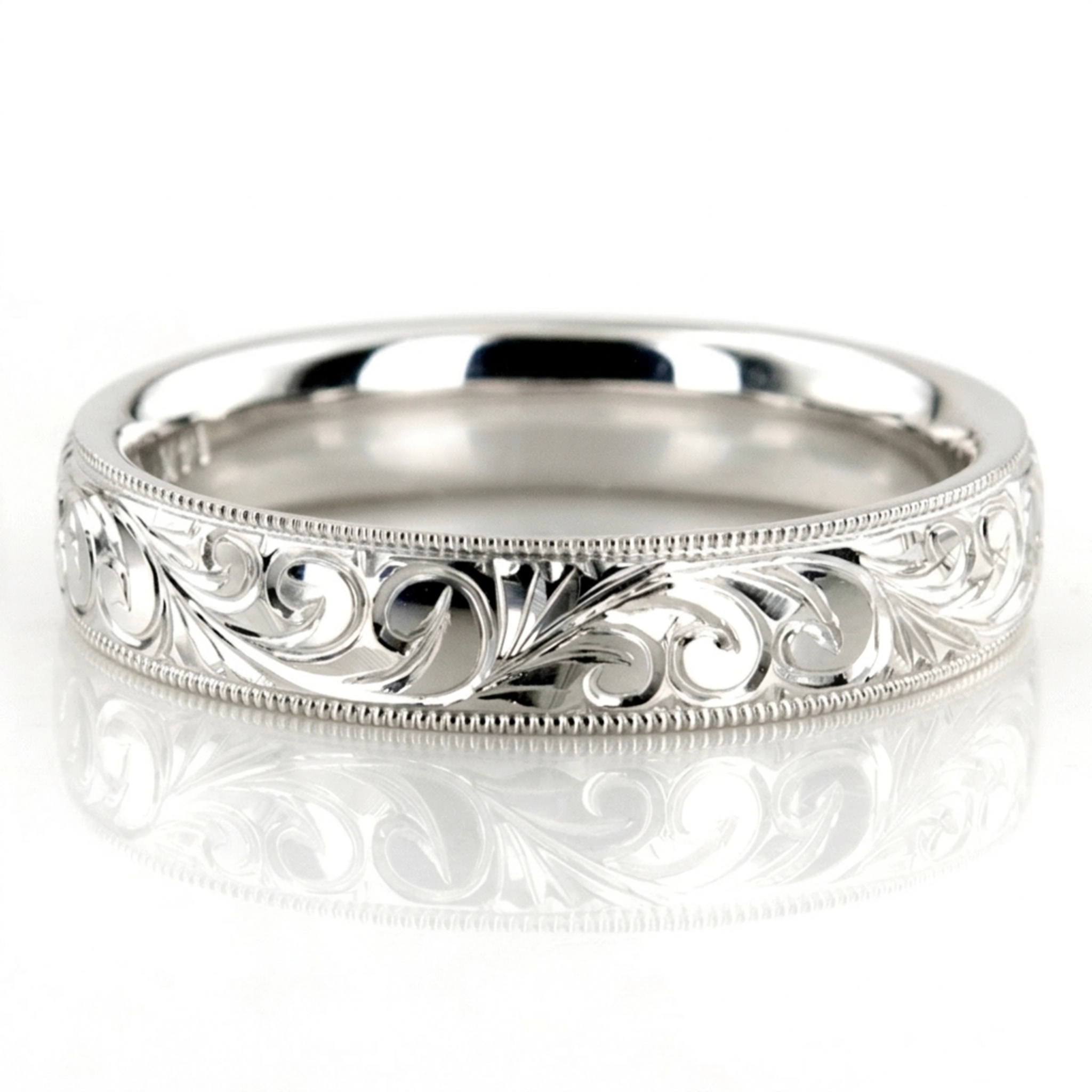 10K white gold 4mm. high polish fancy-carved-hand-engraved-wedding-band - alternate view 9