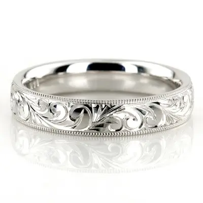 10K white gold 4mm. high polish fancy-carved-hand-engraved-wedding-band - alternate view 9 thumbnail