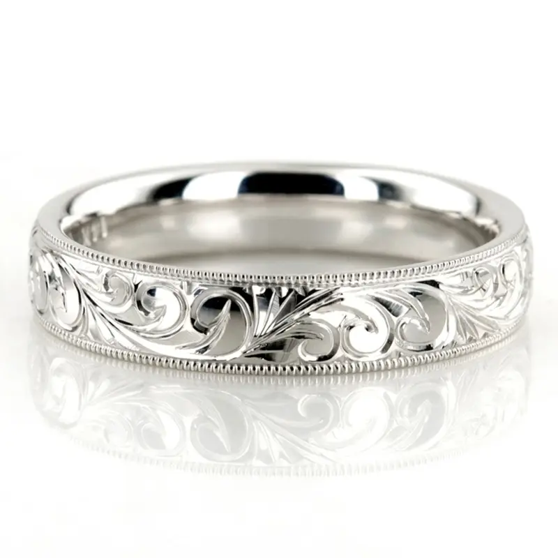 10K white gold 4mm. high polish fancy-carved-hand-engraved-wedding-band - alternate view 9