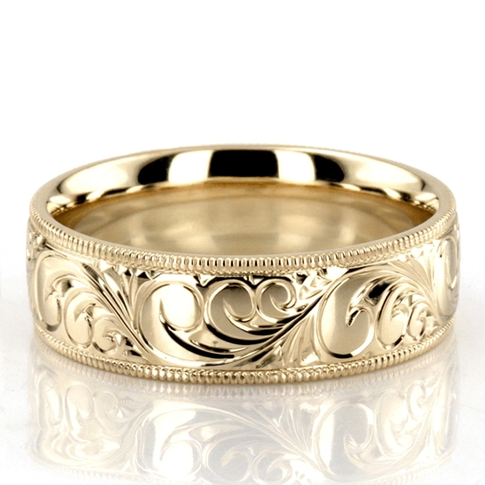 10K yellow gold 7mm. high polish fancy-carved-hand-engraved-wedding-band - alternate view 2