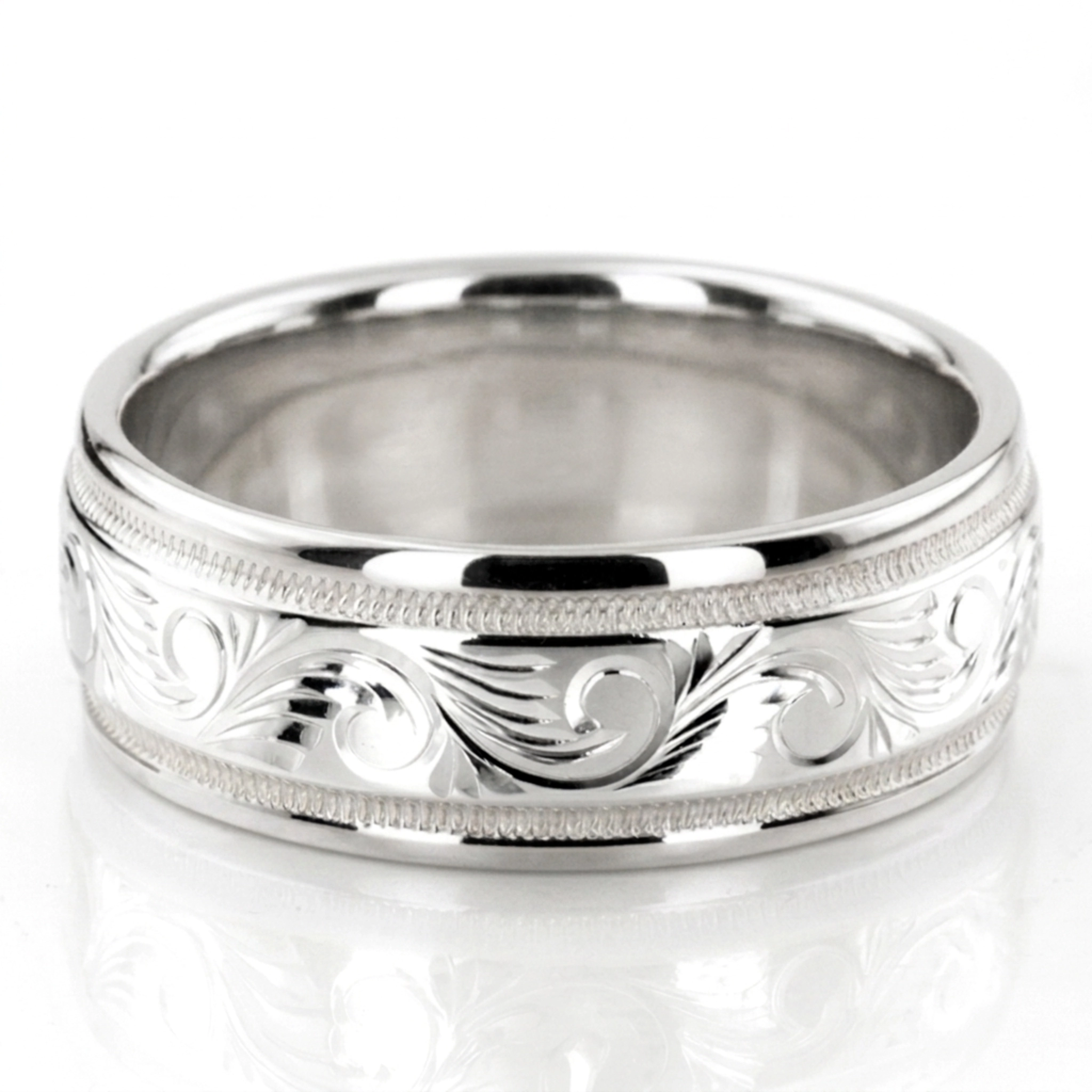 10K white gold 8mm. high polish hand-engraved-fancy-carved-wedding-band - alternate view 2