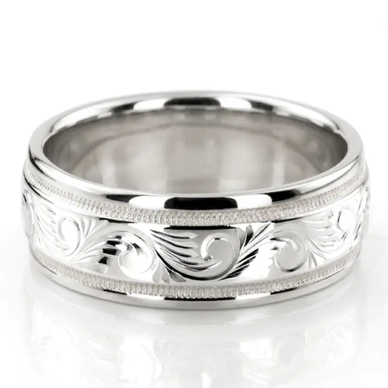 18K white gold 8mm. high polish hand-engraved-fancy-carved-wedding-band - alternate view 2