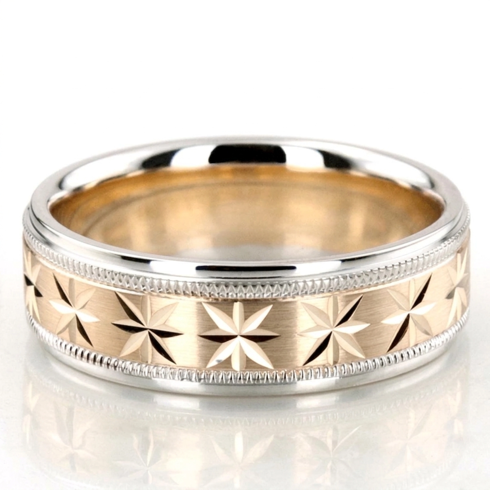 10K white-yellow-white gold 7mm. satin basic-diamond-carved-wedding-ring - main view