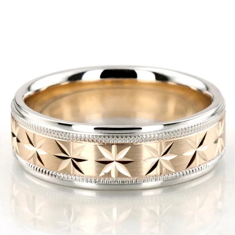 18K white-yellow-white gold 7mm. satin basic-diamond-carved-wedding-ring - main view