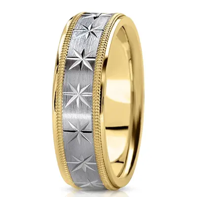 10K yellow-white-yellow gold 7mm. satin basic-diamond-carved-wedding-ring - alternate view 5 thumbnail