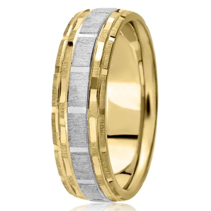 14K yellow-white-yellow gold 7mm. cross satin fancy-carved-diamond-cut-wedding-ring - main view