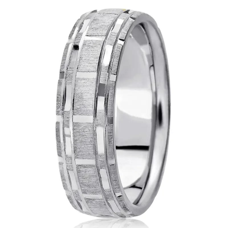 14K white gold 7mm. cross satin fancy-carved-diamond-cut-wedding-ring - alternate view 2