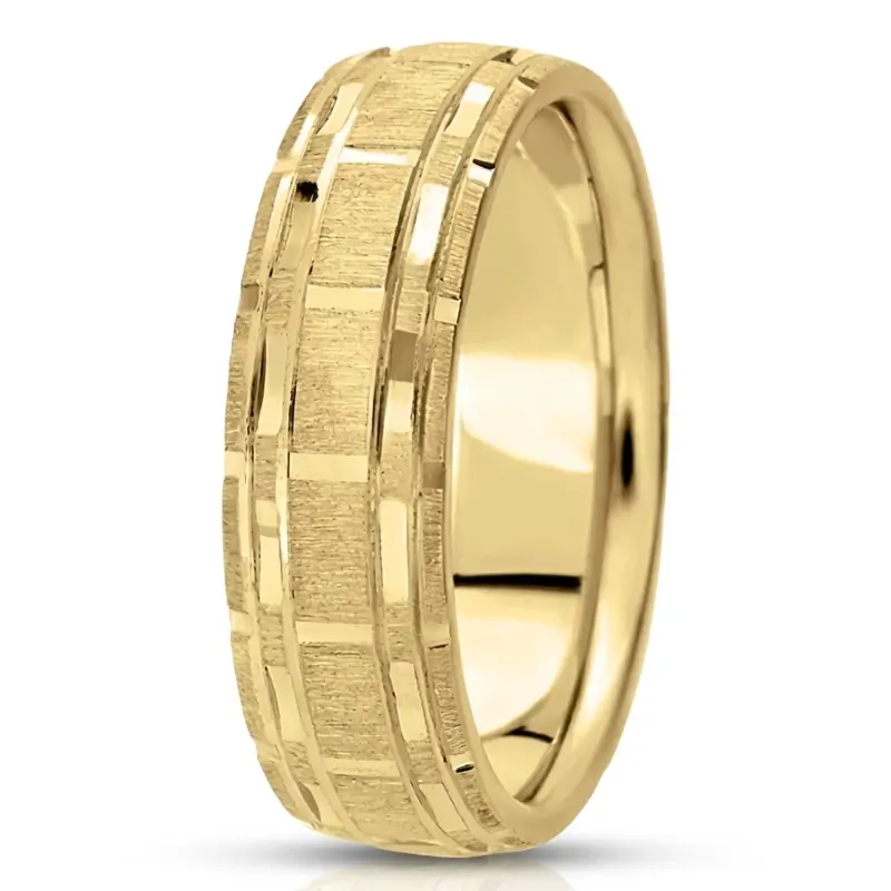 14K yellow gold 7mm. cross satin fancy-carved-diamond-cut-wedding-ring - alternate view 3