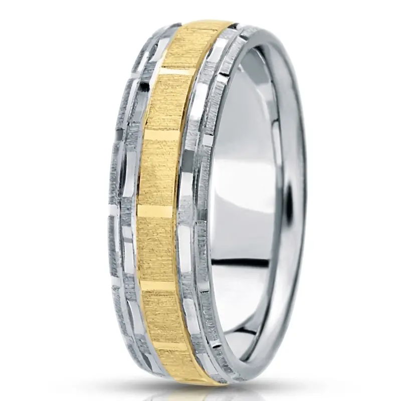 14K white-yellow-white gold 7mm. cross satin fancy-carved-diamond-cut-wedding-ring - alternate view 4
