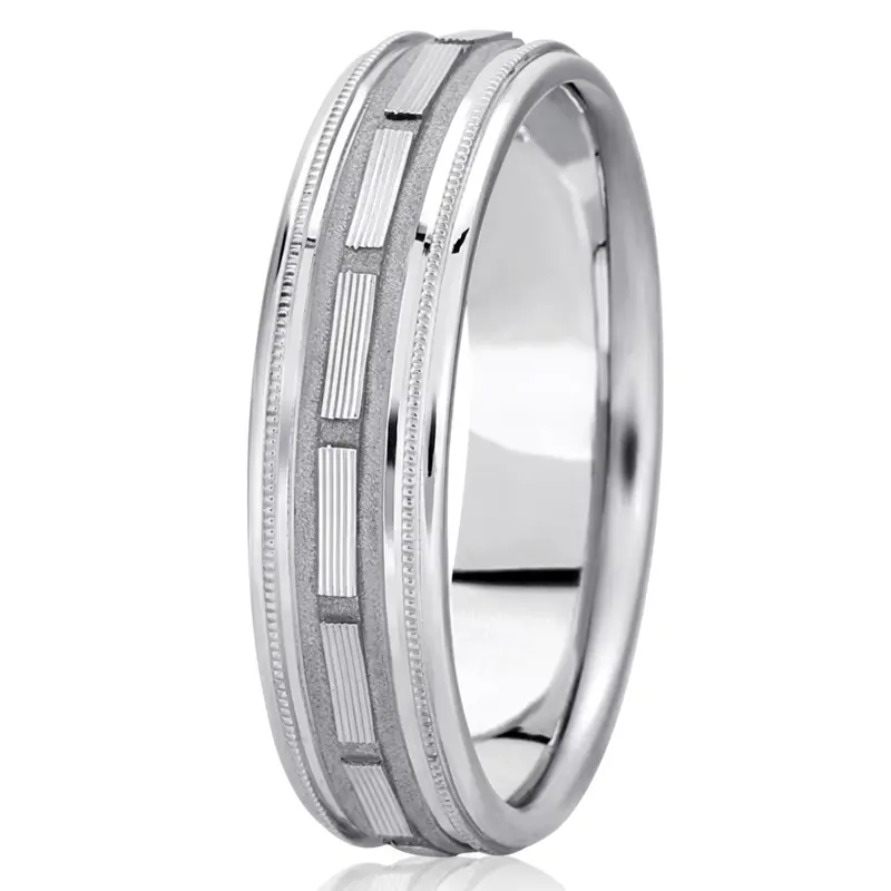 10K white gold 6.5mm sand blast fancy-carved-diamond-cut-wedding-band - alternate view 2