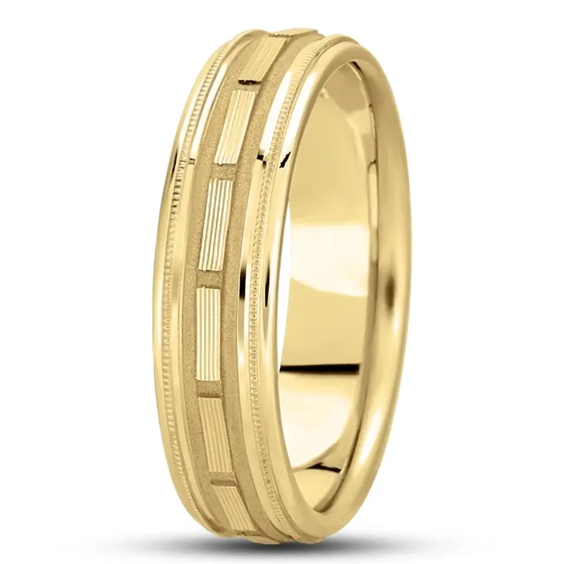 10K yellow gold 6.5mm sand blast fancy-carved-diamond-cut-wedding-band - alternate view 3