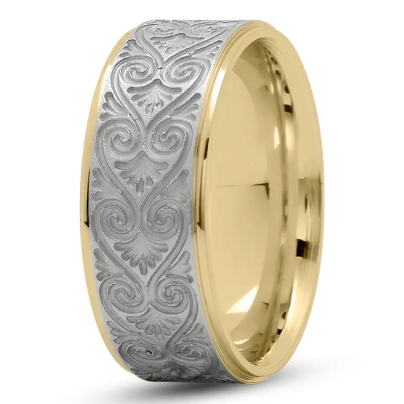 10K yellow-white-yellow gold 8.5mm. same as picture milled-fancy-carved-wedding-ring - alternate view 4