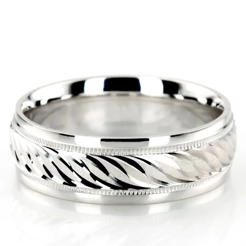 10K white gold 7mm. cross satin fancy-carved-diamond-cut-wedding-band - main view
