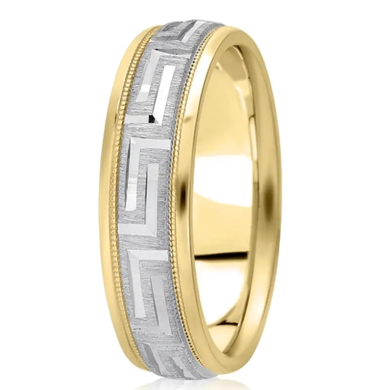 10K yellow-white-yellow gold 6.5mm cross satin diamond-cut-fancy-wedding-band - alternate view 4