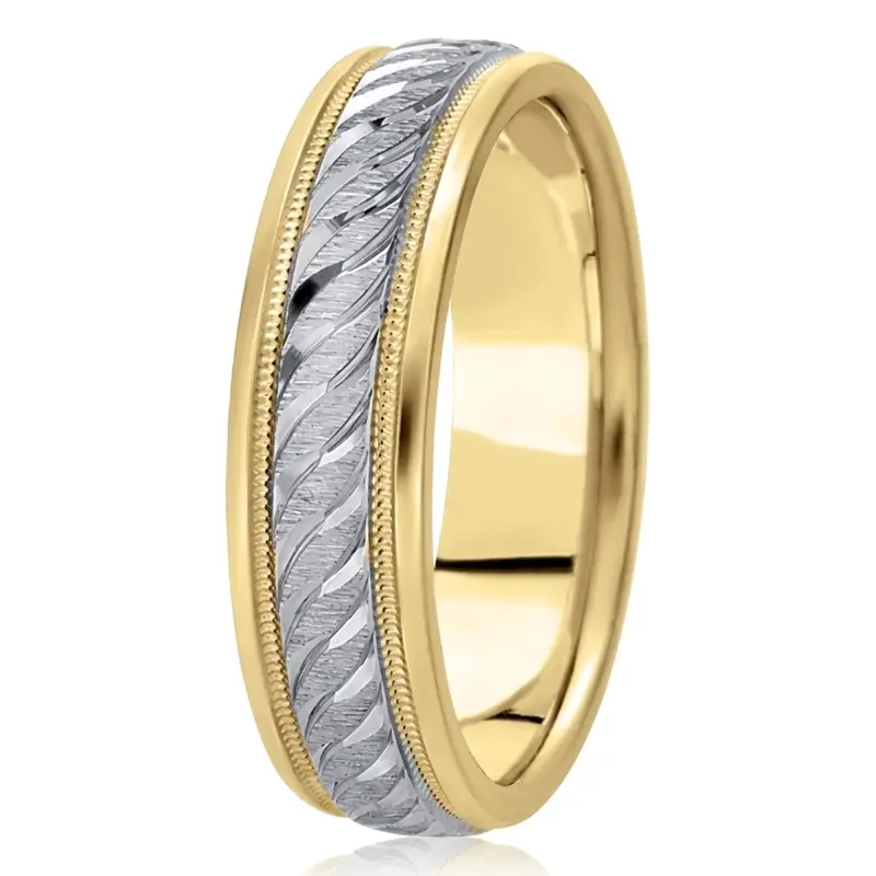 10K yellow-white-yellow gold 7mm. cross satin fancy-carved-diamond-cut-wedding-band - alternate view 4